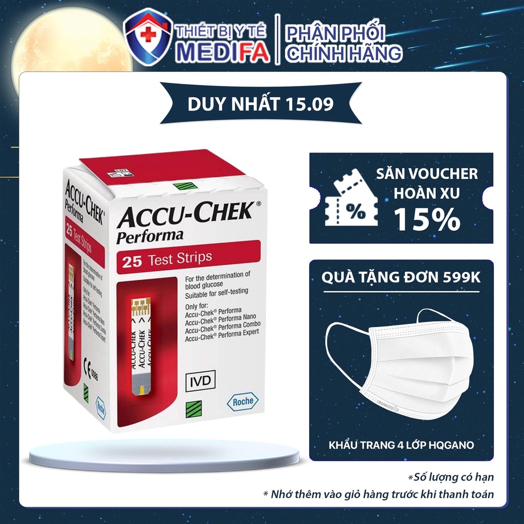Hộp 25 que-Que thử đường huyết Accu-Chek Performa, date xa, có tem phụ TV