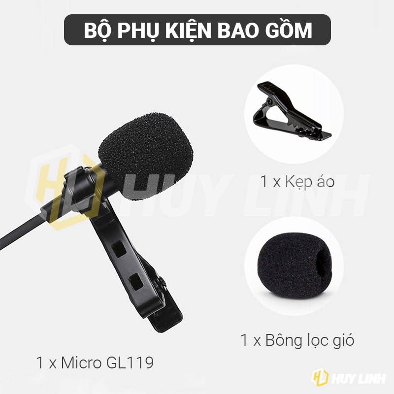 [Hoả tốc] [Cao cấp] Micro cài áo Lavalier Microphone GL119 hàng chuẩn 3 Ring - Clip on 3.5mm Jack