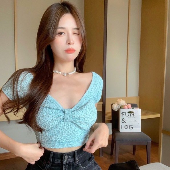 Áo dệt kim ZHELIHANGFEI ngắn tay cổ chữ V thắt nơ đáng yêu phong cách thời trang