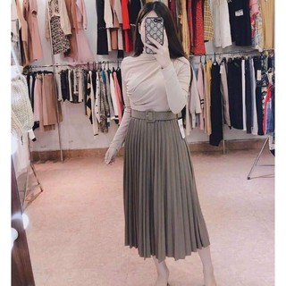 Chân váy xoè dập ly kèm đai