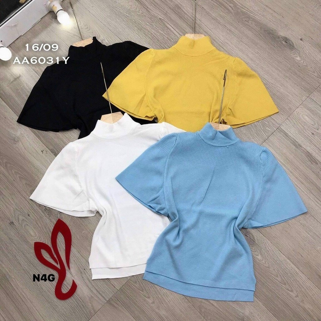 Áo kiểu thun gân tay ngắn cổ cao lên form siêu xinh nha khách KV035