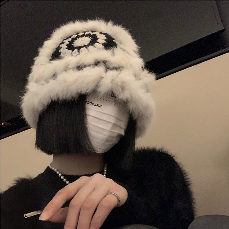 Mũ Bucket Dệt Kim Phối Lông Màu Tương Phản Thời Trang Hàn Quốc Cho Nữ