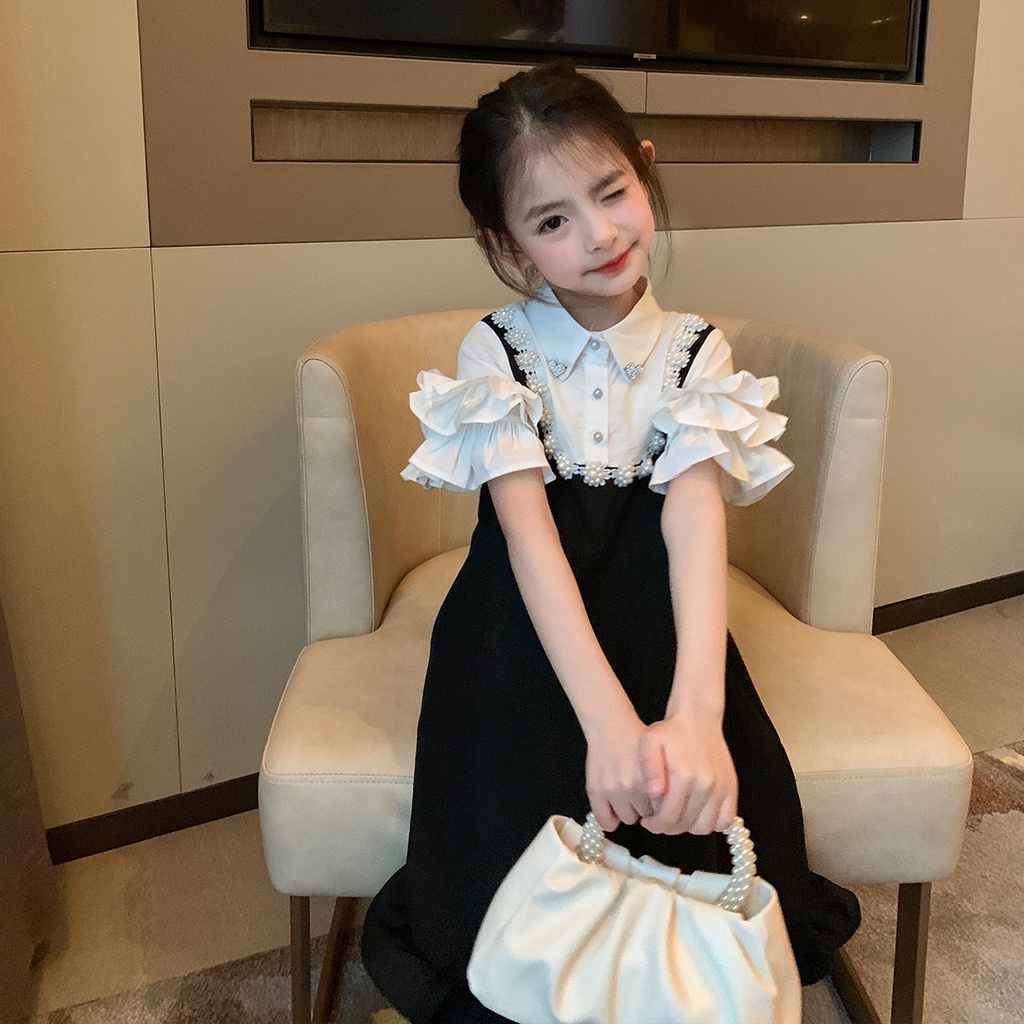 Đầm Công Chúa Tay Ngắn Màu Đen Trơn Phong Cách Hàn Quốc Thời Trang Cho Bé Gái 110-16