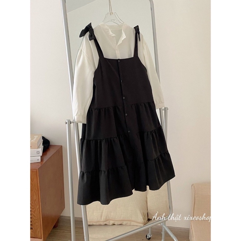 Sét váy Yếm Cúc Dọc Thân Thắt Nơ Vai Kèm Áo Sơ Mi