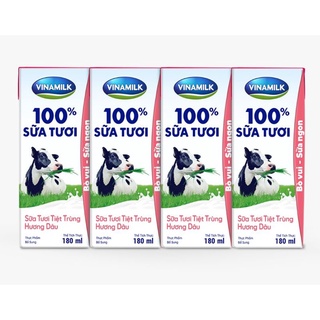 Sữa tươi tiệt trùng Vinamilk 100% Hương Dâu - Lốc 4 Hộp x 180ml