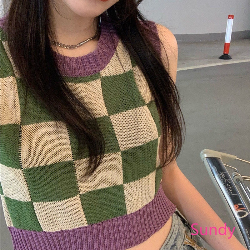 Áo Hai Dây Dệt Kim Họa Tiết Sọc Caro Thời Trang Mùa Hè Cho Nữ