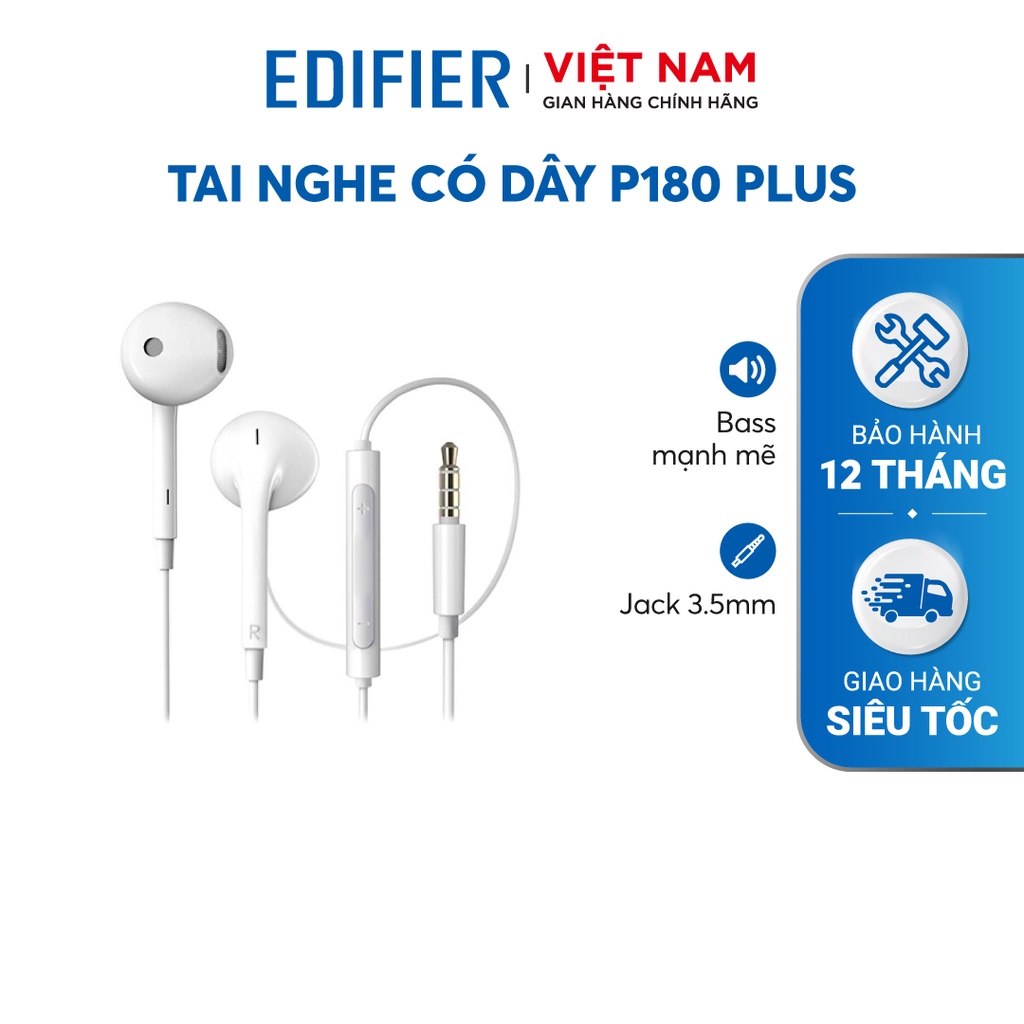 Tai nghe nhét tai có dây EDIFIER P180 PLUS Chân cắm 3.5 Chất liệu TPE dài 1.3m Hàng chính hãng Bảo hành 12 tháng