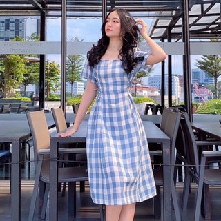 Đầm váy freesize caro cổ vuông đan dây eo