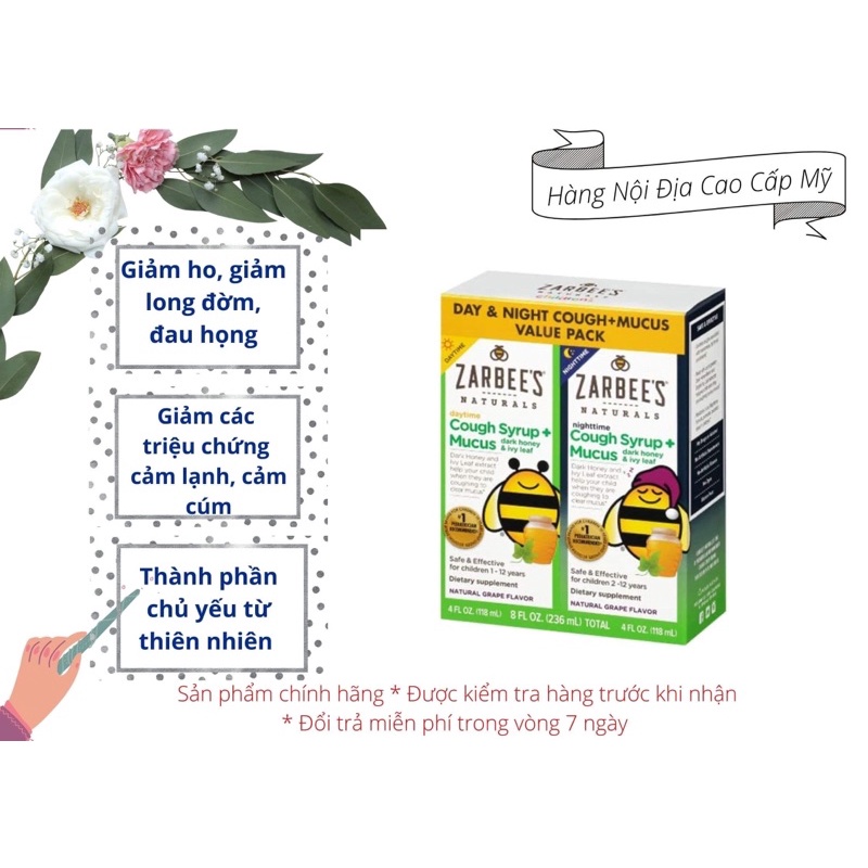 Siro Zarbee's Mucus ⚡CHÍNH HÃNG MỸ⚡ Siro ho long đờm cho bé 1-12 tuổi