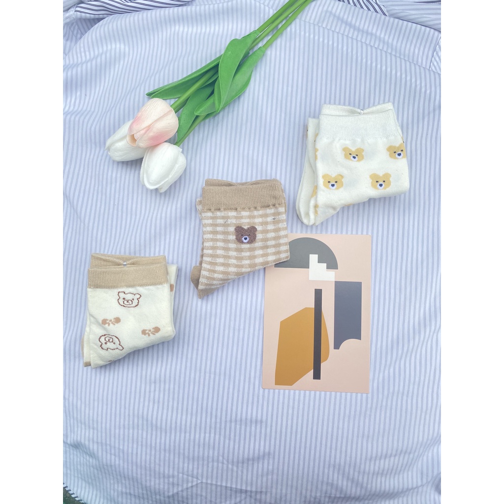 Tất cổ cao Muzini tất nữ tone nâu in họa tiết gấu dễ thương TN221