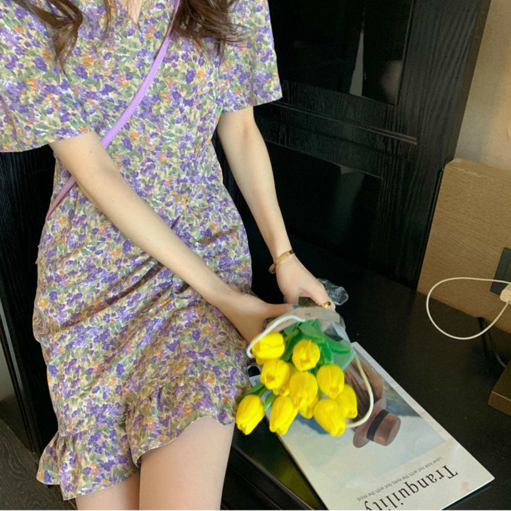 Đầm Nữ Ngắn Tay Cổ Chữ V In Hoa Thời Trang | BigBuy360 - bigbuy360.vn