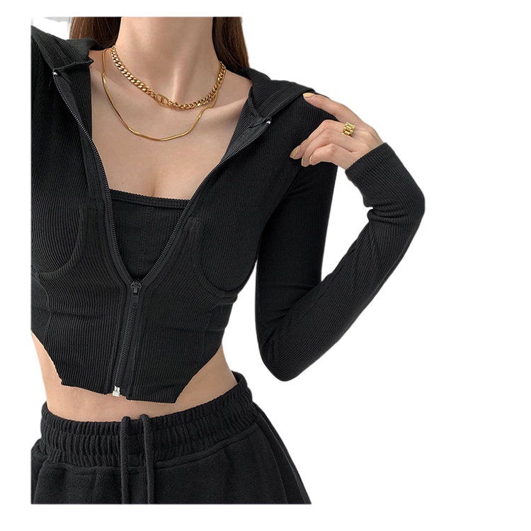 Bộ Áo Khoác Tay Dài Có Nón + Quần Short Thể Thao Eo Cao Co Giãn Phong Cách Thể Thao Cho Nữ