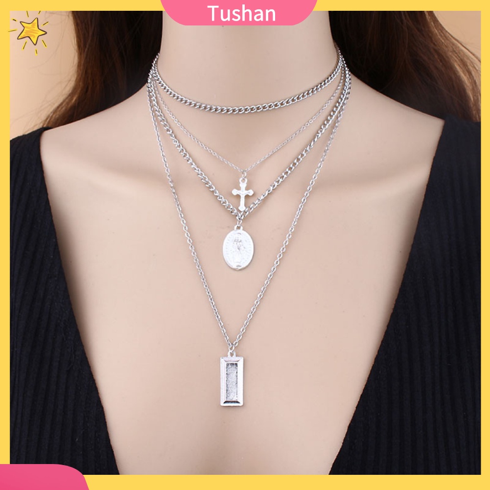 Vòng cổ choker mặt chữ thập nhiều lớp phong cách retro