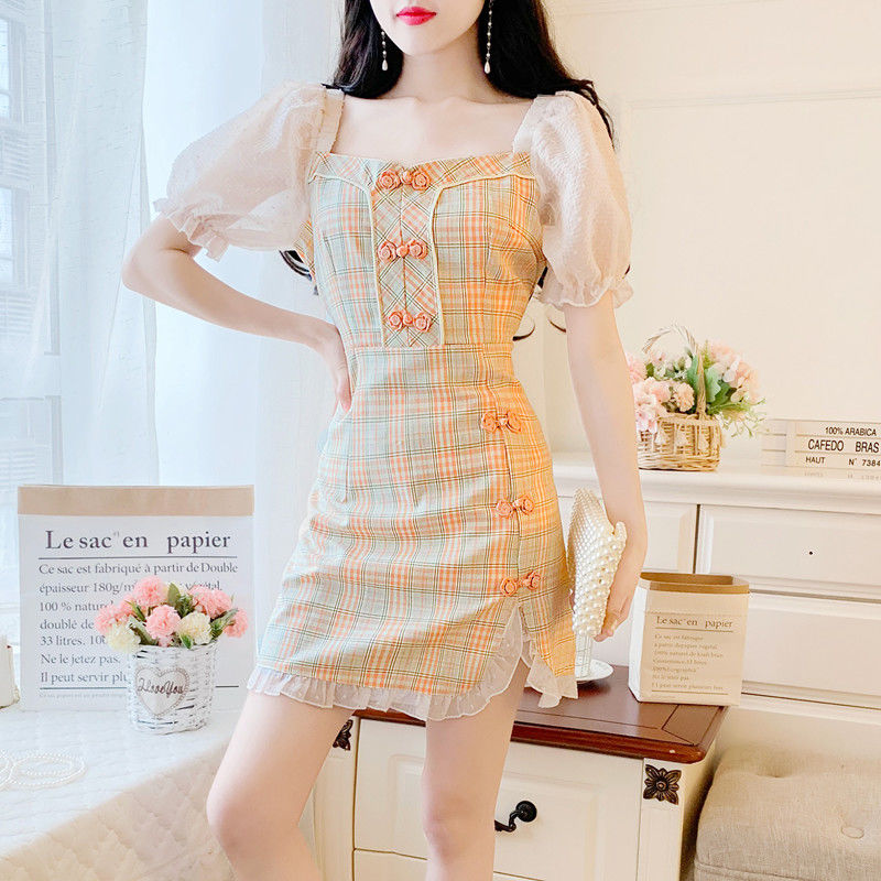 Women Cheongsam Chiffon Stitching Plaid Sweet Small dress | BigBuy360 - bigbuy360.vn