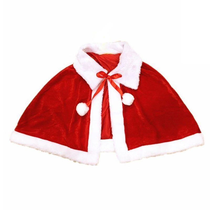 Áo choàng giáng sinh vải nhung dày giữ ấm thiết kế thắt nơ gắn quả cầu lông pompom hóa trang dịp halloween