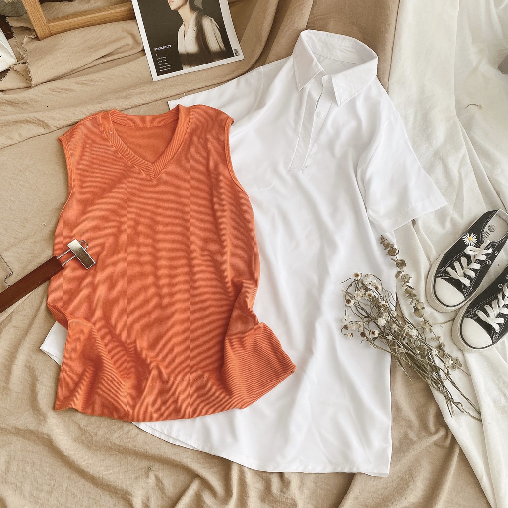 Set sơ mi giấu quần phối áo gile len cam | BigBuy360 - bigbuy360.vn