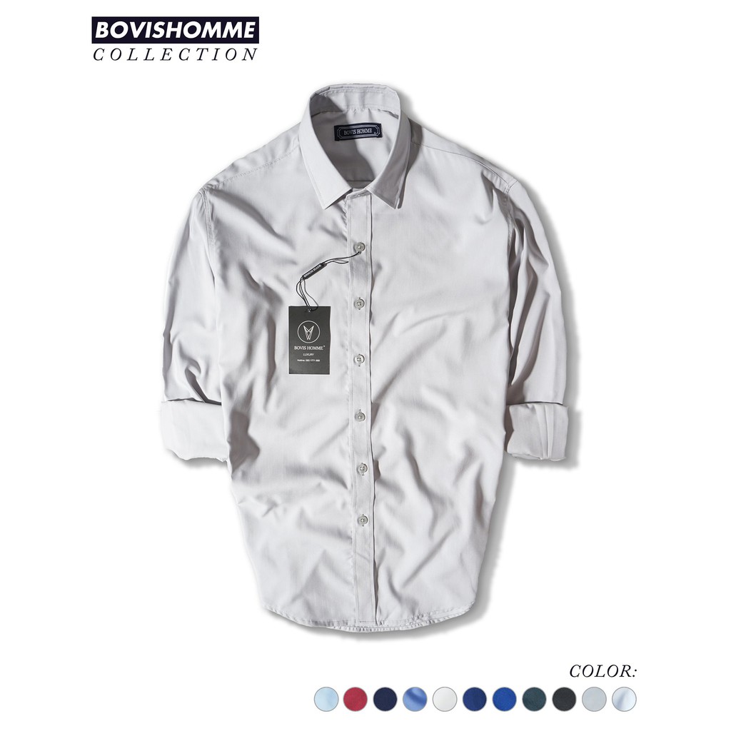 Áo sơ mi nam Bovis Homme tay dài SD009, màu xám nhạt, Form slim, chất liệu modal, mặt vải mềm mượt, thoáng mát