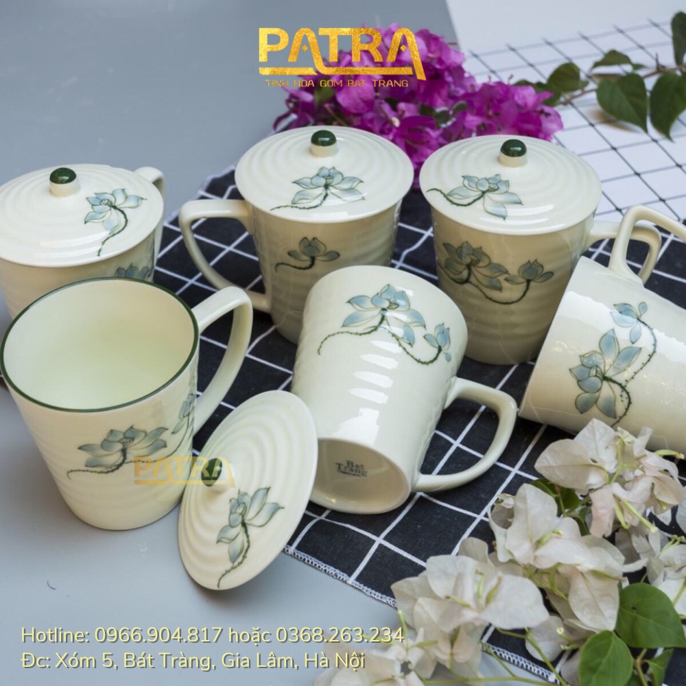 Cốc sứ có nắp, ly sứ men kem Bát Tràng cao cấp, cốc uống nước có quai 350ml nhiều mẫu lựa chọn