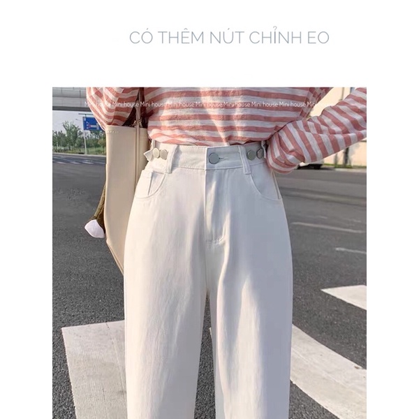 Quần jeans ống rộng nút chỉnh eo dáng dài màu trắng