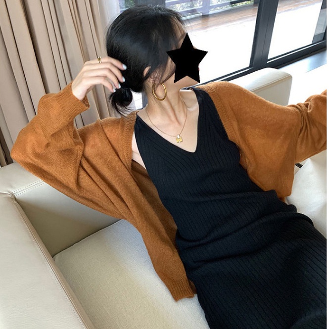 Đầm midi SUXI dệt kim cổ chữ V thời trang mùa hè cho nữ