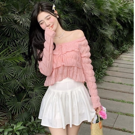 Set đồ nữ đi biển áo croptop trễ vai chân váy xòe xếp ly đi chơi mùa hè