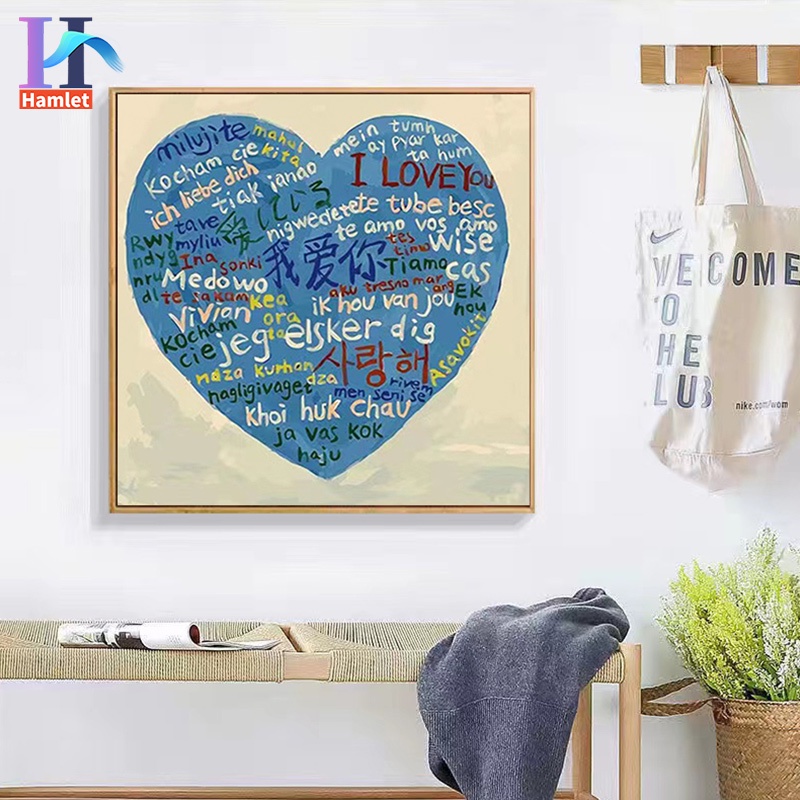 Bộ tranh sơn dầu Hamlet hình i love you bằng 100 ngôn ngữ tô màu theo số dành cho cặp đôi cỡ 40 * 40/50 * 50cm