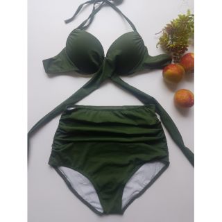 Bikini cạp cao che bụng nâng ngực màu xanh rêu