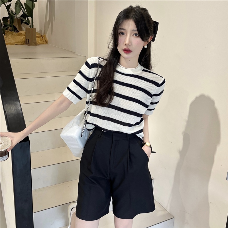 Áo kiểu ZHELIHANGFEI dệt kim tay ngắn cổ tròn dáng rộng kẻ sọc ngang trẻ trung hợp thời trang