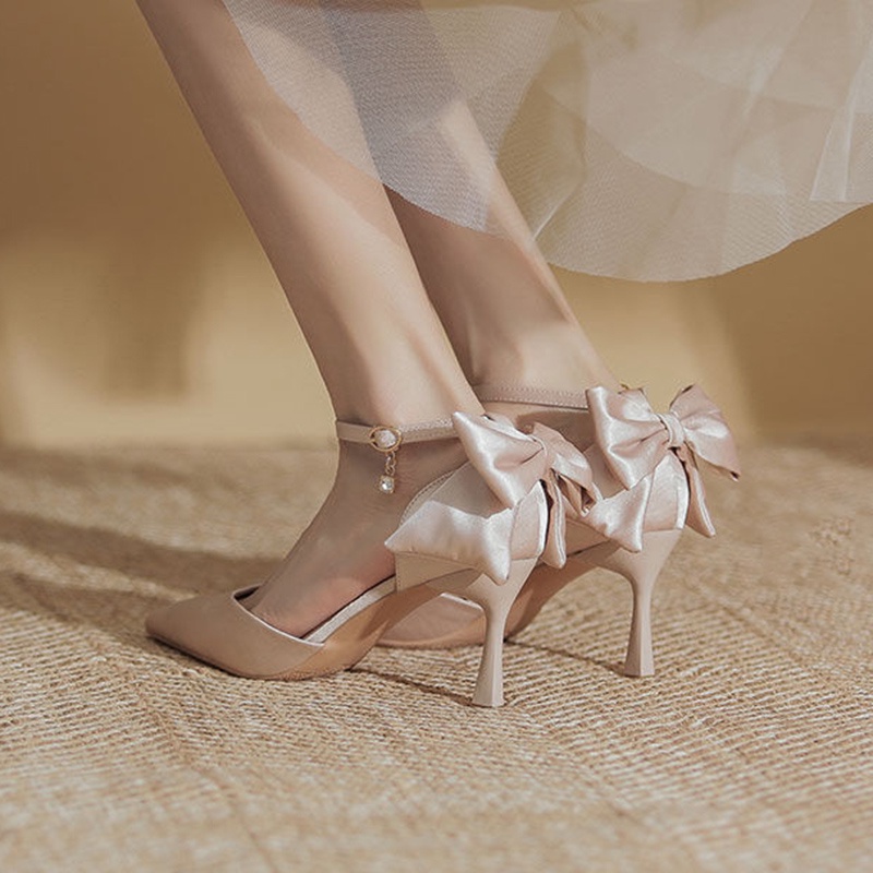 Giày cao gót mũi nhọn vải satin phối khóa cài thời trang nhiều màu sắc tùy chọn cho nữ