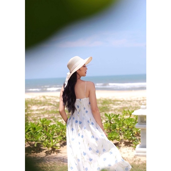 Đầm maxi hai dây họa tiết hoa tulip chất vải tơ organza - Blue Tulips dress (BT117)