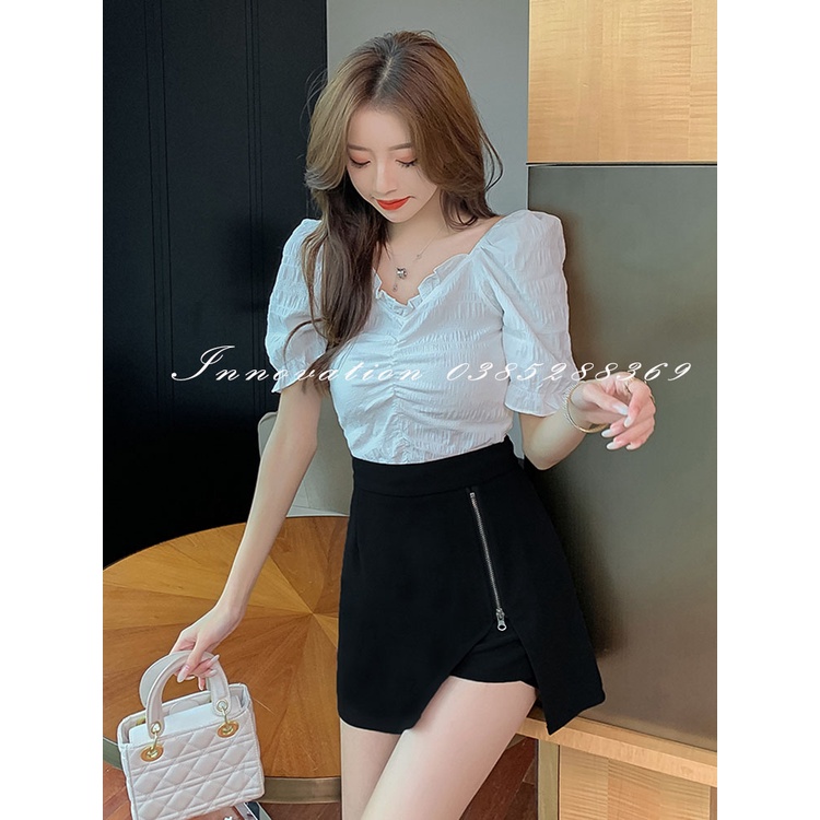 Quần Short giả váy nữ kiểu chữ A thiết kế khóa kéo xẻ đùi cạp lưng cao cá tính TA-222