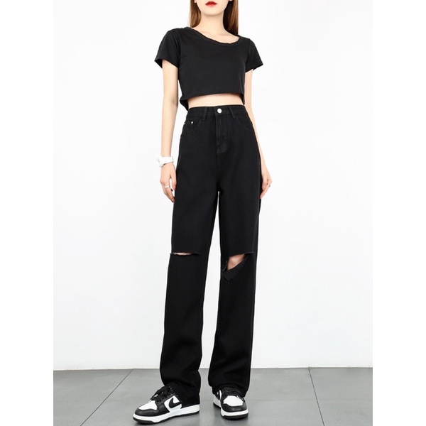 Quần bò ống rộng nữ rách gối M7 đen, quần jeans ống rộng lưng cao, vải bò dày đẹp , không giãn ,dáng suông M732