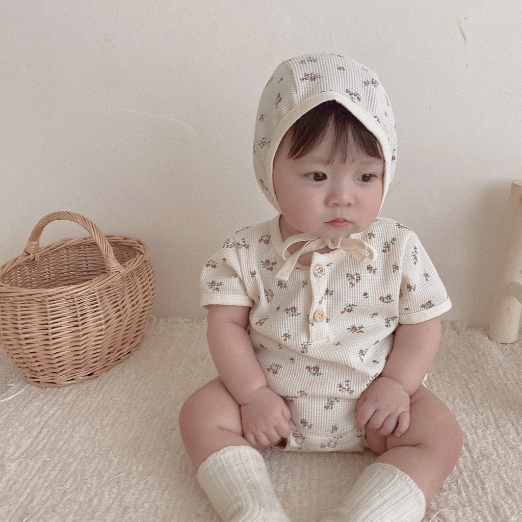 Bộ Áo Liền Quần Tay Ngắn In Hình Gấu Bánh Quế + Mũ Thời Trang Mùa Hè Cho Bé Sơ Sinh