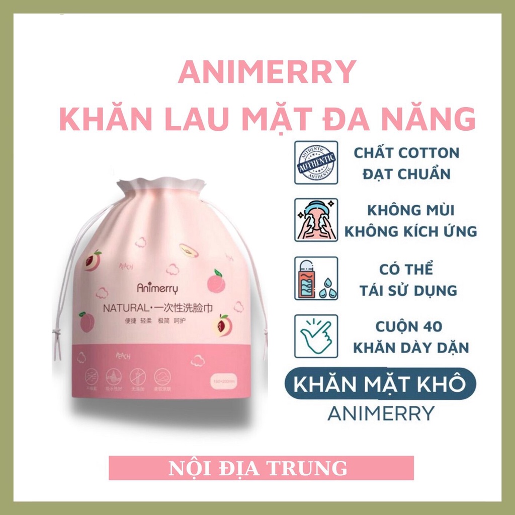 Khăn lau mặt dùng 1 lần ANIMERRY cuộn 40 khăn - siêu mềm, thấm hút cực tốt -  Acosmetics, 50g, Tặng dây cột tóc