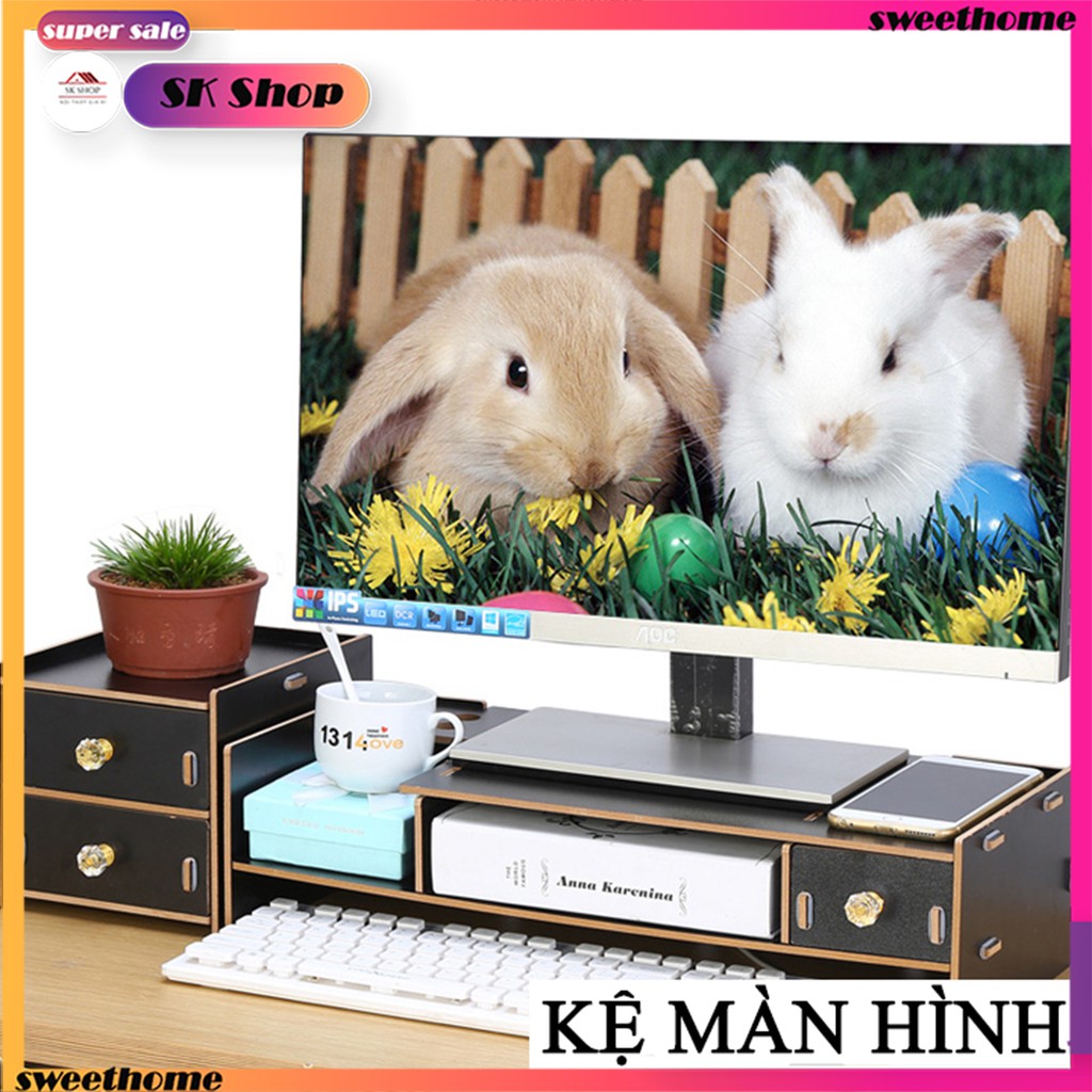 Kệ màn hình gỗ 2 tầng lắp ghép , Bàn để máy tính gỗ có ngăn kéo tủ sách mini