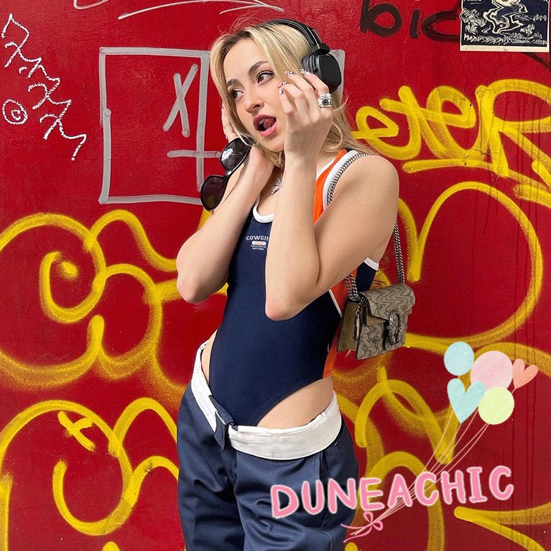 DUNEA Áo Liền Quần Thể Thao Sát Nách Màu Sắc Tương Phản In Chữ Quyến Rũ Cho Nữ