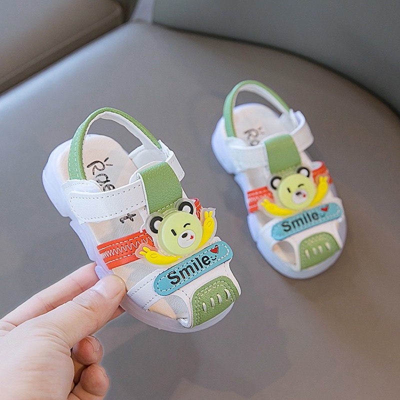 Sandal bé trai dép rọ tập đi cho bé trai bé gái con gấu da PU mềm có quai dán nhiều màu sắc smile A335 BabyBees (16-25)