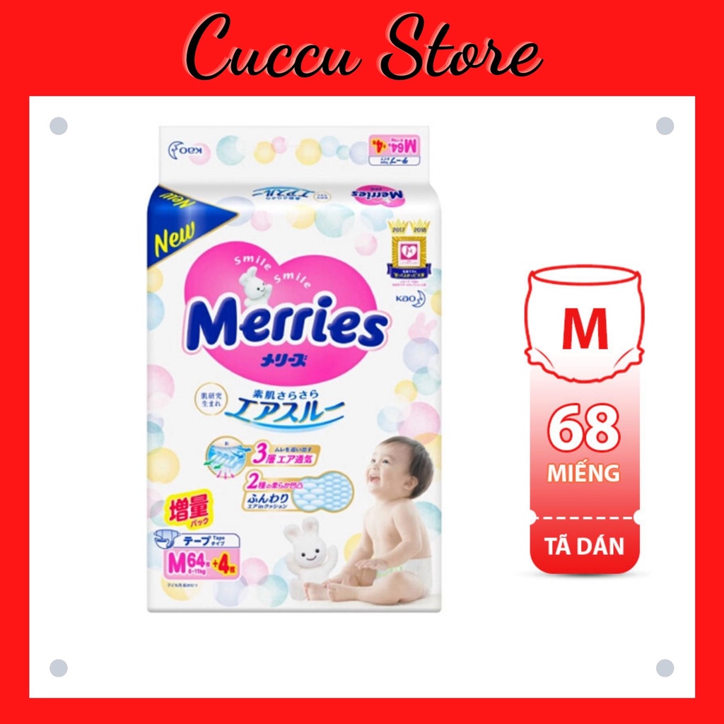 Bỉm/tã dán Merries size M 68 miếng
