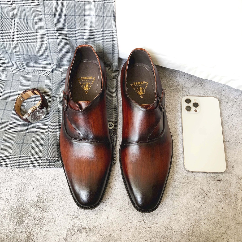 Giày lười Monkstrap có cài khóa chéo da bò thật VSMAN - giày mọi nam công sở đế đúc siêu bền dành cho quý ông - HHG021