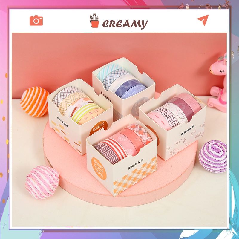 Bộ 5 cuộn băng keo washi phong cách dễ thương trang trí sổ CREAMY