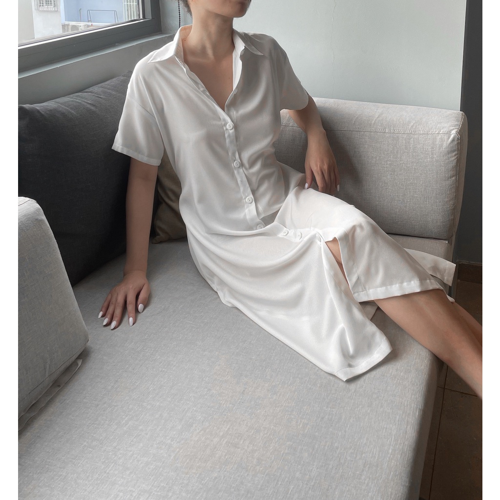 Đầm sơ mi trắng GUINE SHIRT DRESS  dài thắt dây, Đầm suông trắng