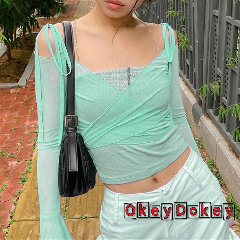 Áo Lưới Tay Loe Màu Trơn Thời Trang Cho Nữ OKDK-Y2K