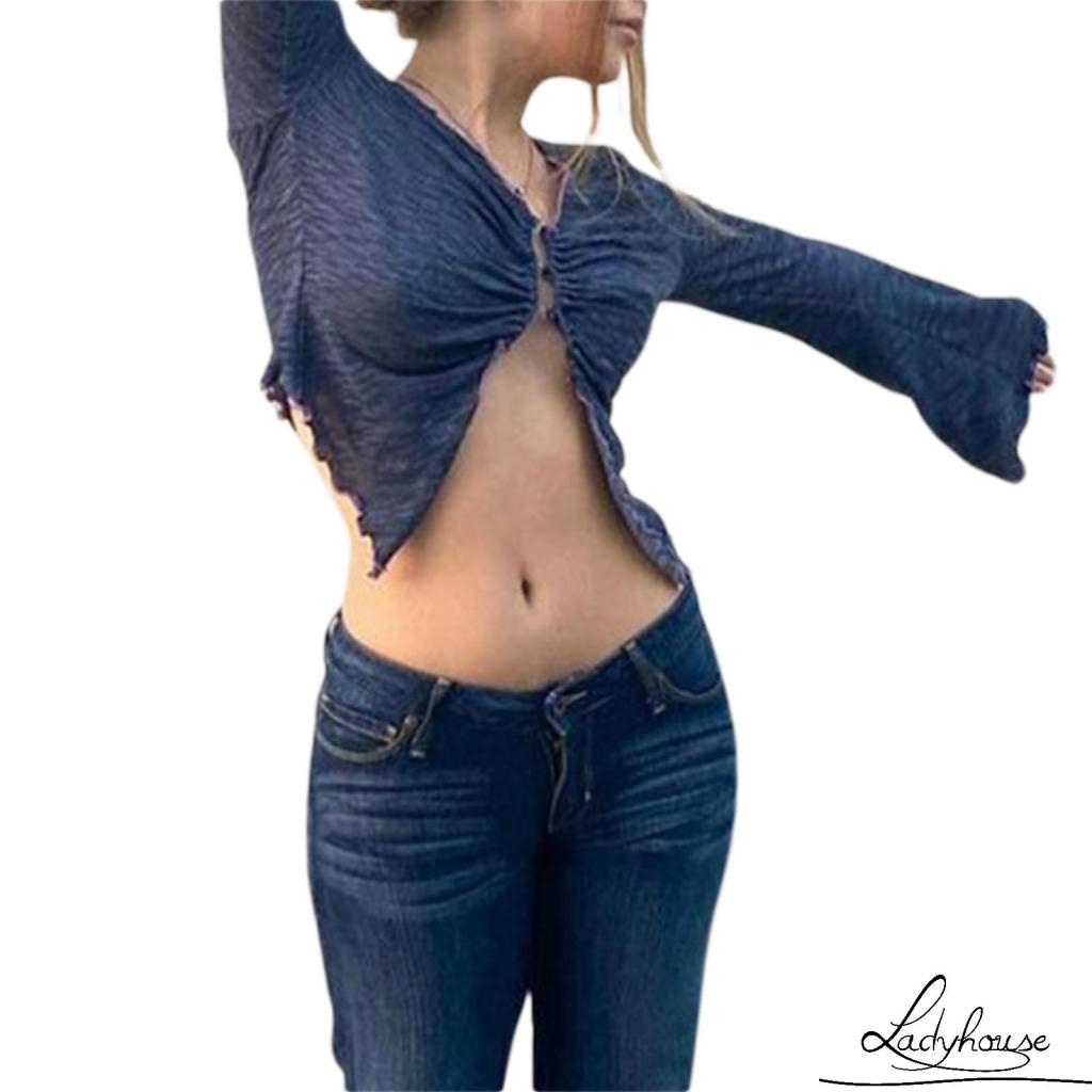 Áo Croptop Tay Dài Cổ Chữ V Có Khóa Cài Trước Gợi Cảm Cho Nữ