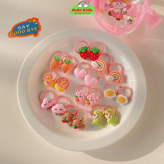 Set 20 dây chun buộc tóc hoa quả, cột tóc bé gái co dãn nhiều họa tiết, dây buộc tóc cho bé