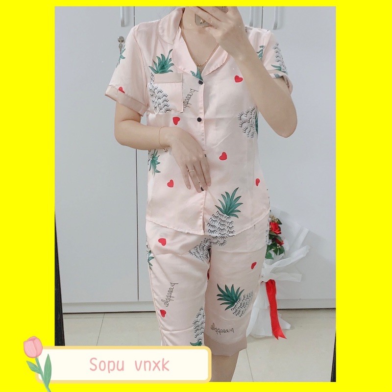 [FREE SHIP] Bộ lụa satin tay cộc quần lửng pijama mặc nhà hình dứa xinh xắn đáng yêu