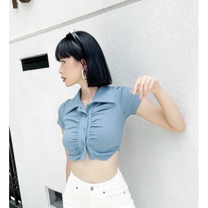 Áo Croptop Nữ Polo Cổ Bẻ Nhún Ngực Có Nút Gài Kiểu Ôm Body Cực Tôn Dáng Dễ Phối Đồ