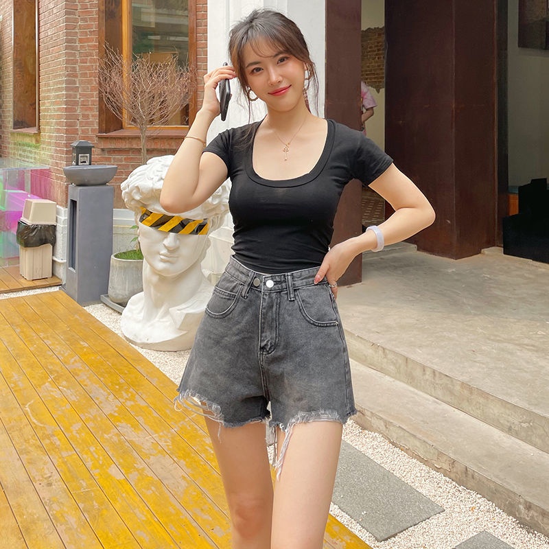 Quần Short Denim Lưng Cao Dáng Rộng Plus Size Phong Cách Hàn Quốc Cho Nữ