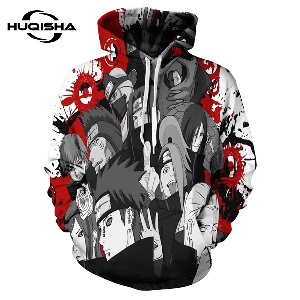 Áo hoodie HUQISHA cổ dây rút in họa tiết Naruto Akatsuki anime thời trang mới dành cho nam