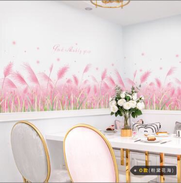 Decal dán tường chân cỏ lau hồng [GIÁ RẺ] - Tranh dán chân tường cỏ lau