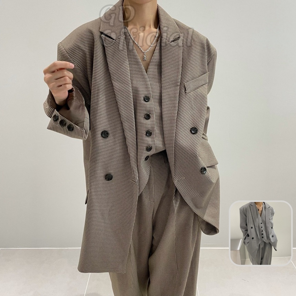 B77|Set bộ blazer âu nữ áo khoác dài tay, vest gile, quần cạp lưng cao ống rộng thẳng suông sọc cà phê, đen GD Official